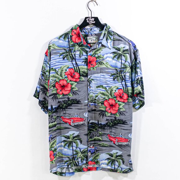 Big Dogs Floral Cars Hawaiian Shirt Medium Y2K Resort Vacation Retro - Picture 1 of 6